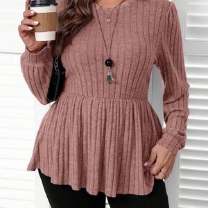 SHEIN Ribbed Knit Peplum Blouse - Dusty Rose